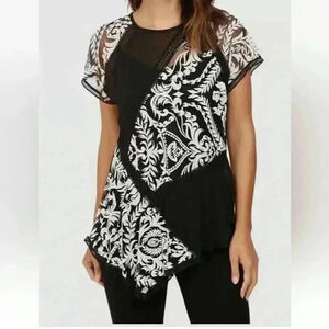 Karen Kane Womens Black Short Sleeve Multi Lace Panel Blouse Top Size Medium